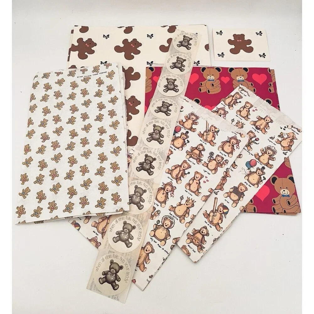 Small Lot of Vintage Teddy Bear Gift Wrap Sheets Bags Scrapbooking Junk Craft